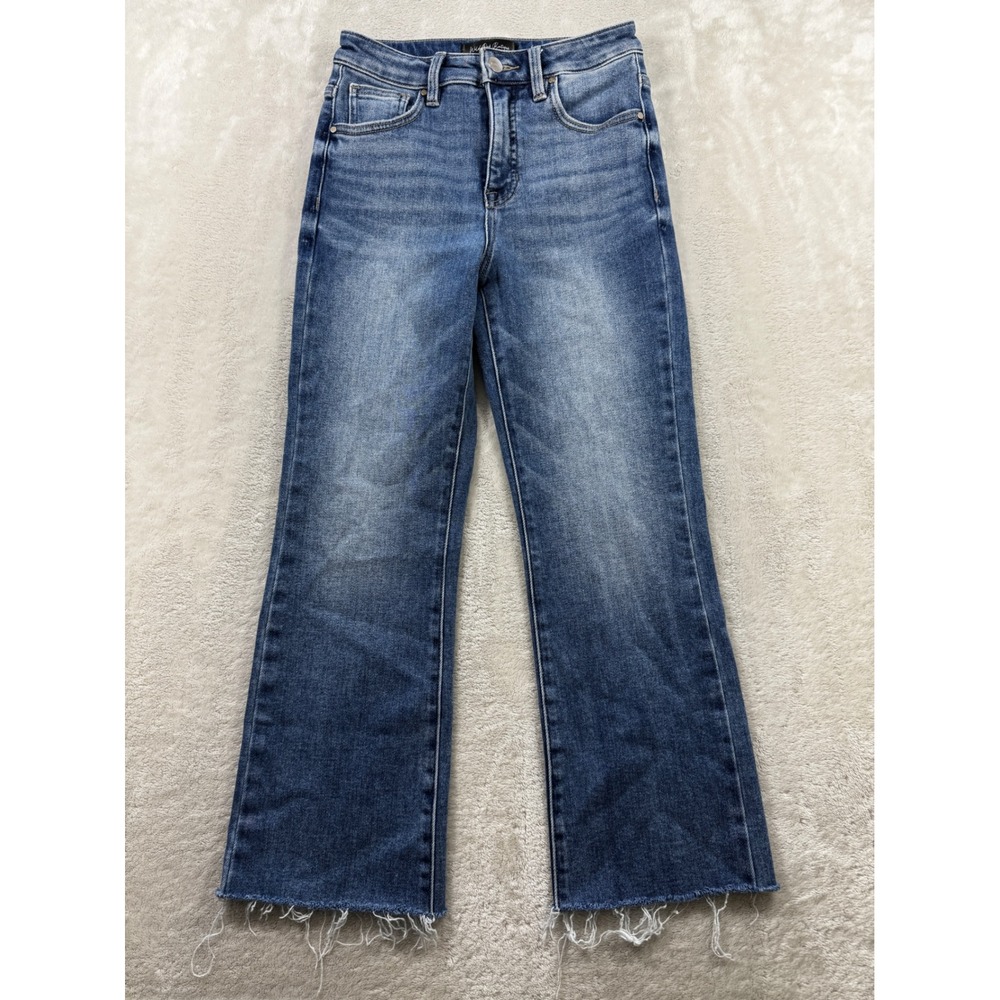 Risen Womens Wild Oak Boutique Raw Hem Blue Flare Jeans 1/25 Meas: 25x24.5